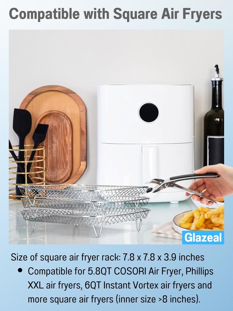 3-Layer Stackable Dehydrator Square Rack Set Fits 4.2-5.8 QT Air Fryer, Stain...