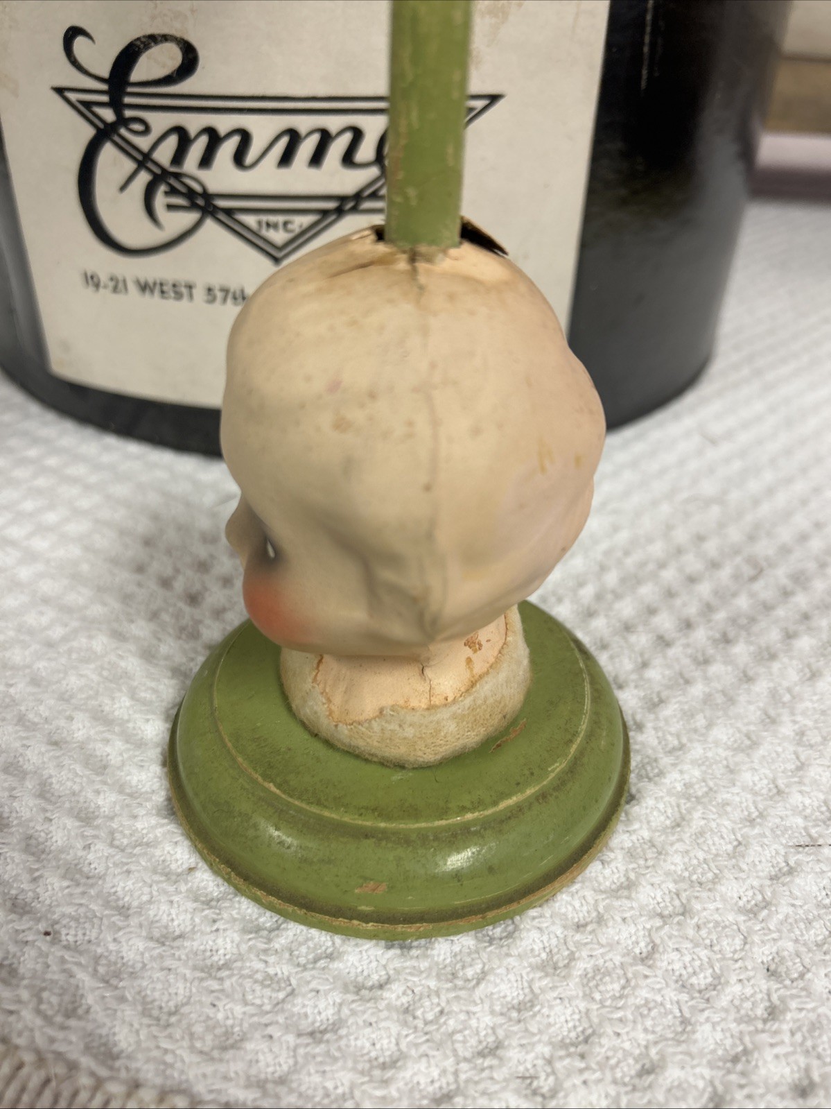 Antique Papier-Mâché Side Eyed Doll Head Girl Wood Hat Stand 9.5" Creepy Germany