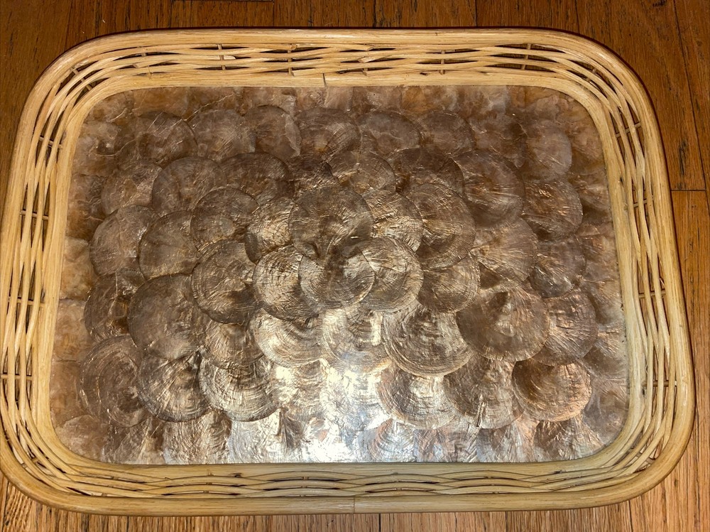 Capiz Shell, Woven Basket Serving Tray  16  X  12