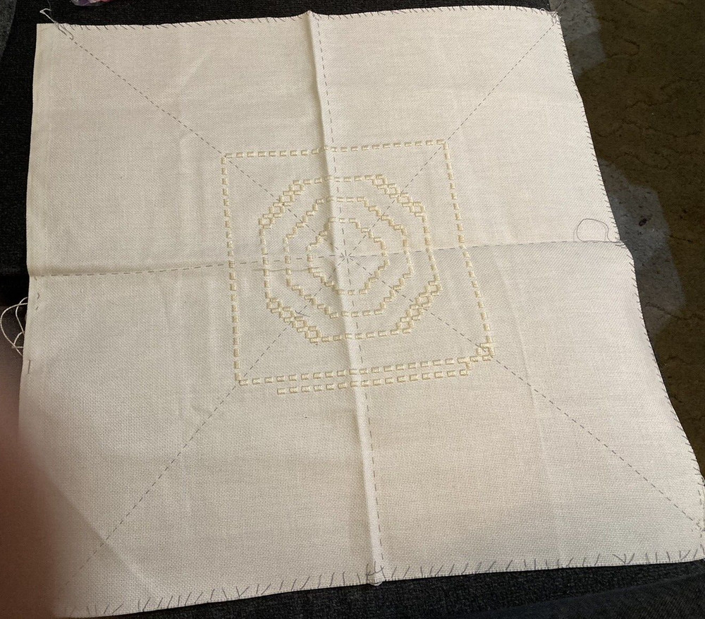 Hand stitched Hardanger 19" Sq. Ecru Table Topper started