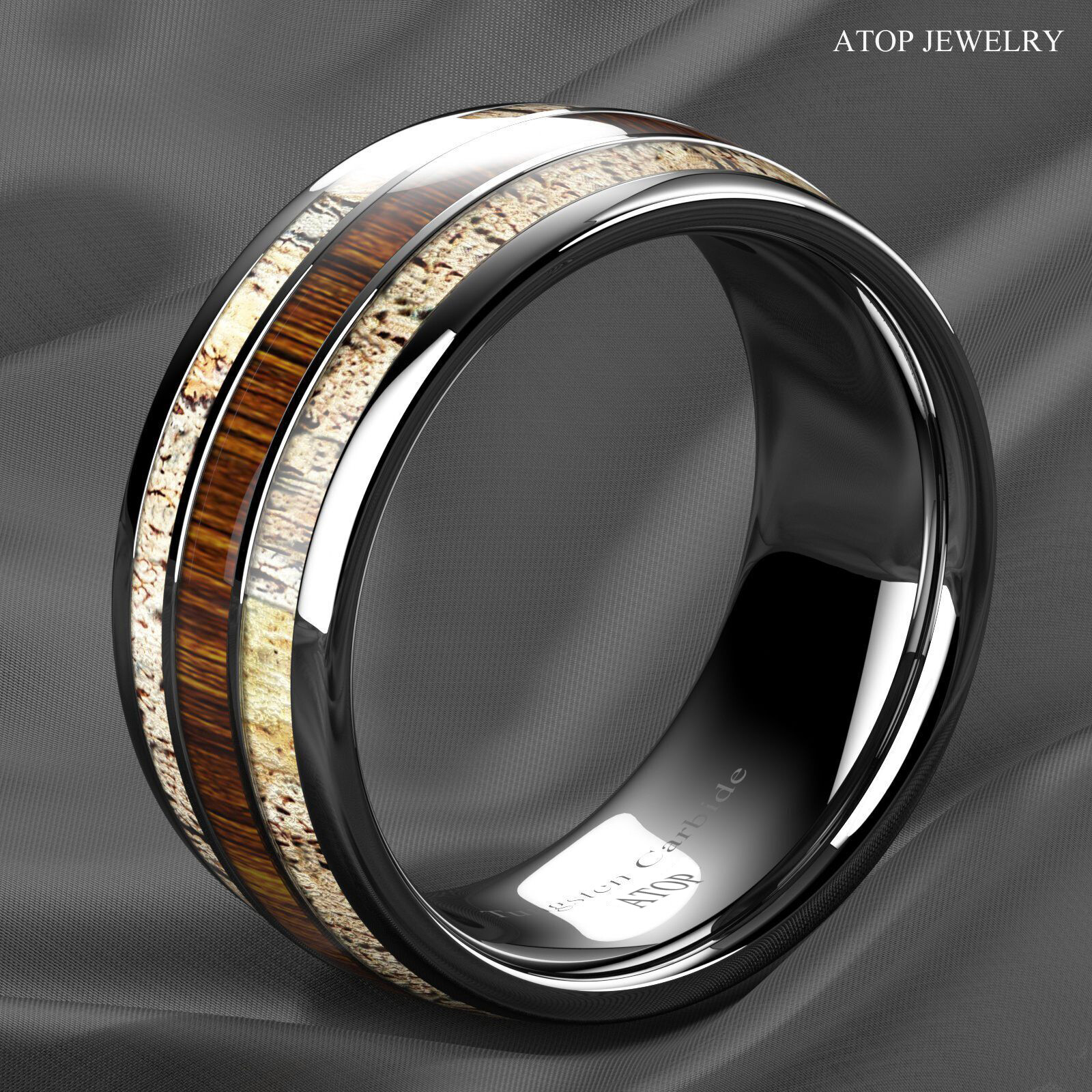 8mm Silver Tungsten Ring With Deer Antler Koa Wood Men Wedding Band ATOP Jewelry