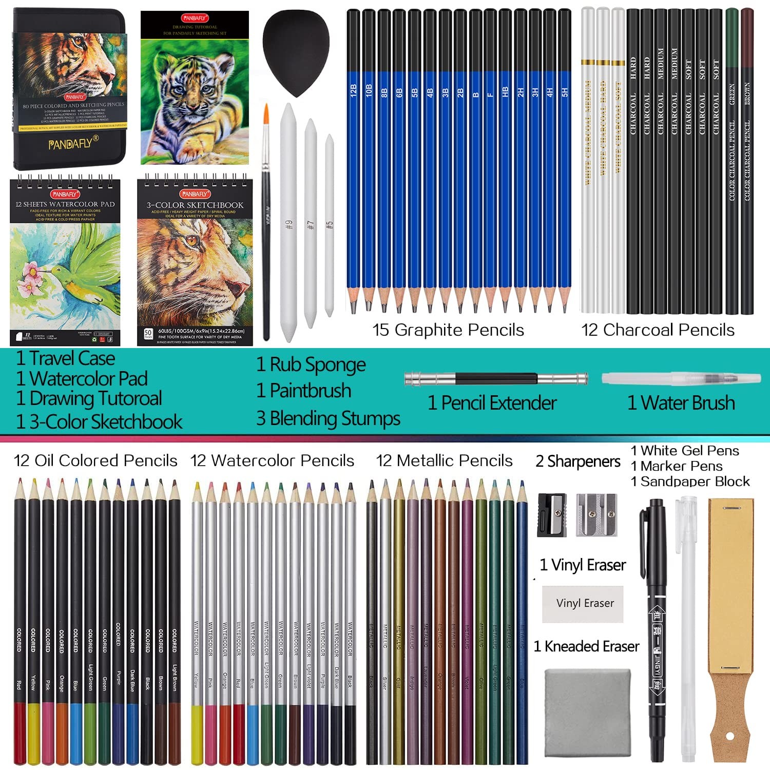 80 Pack Drawing Set Sketching Kit, Pro Art Supplies with 3-Color Sketchbook