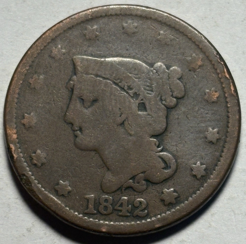1842 Braided Hair Large Cent — Circulated