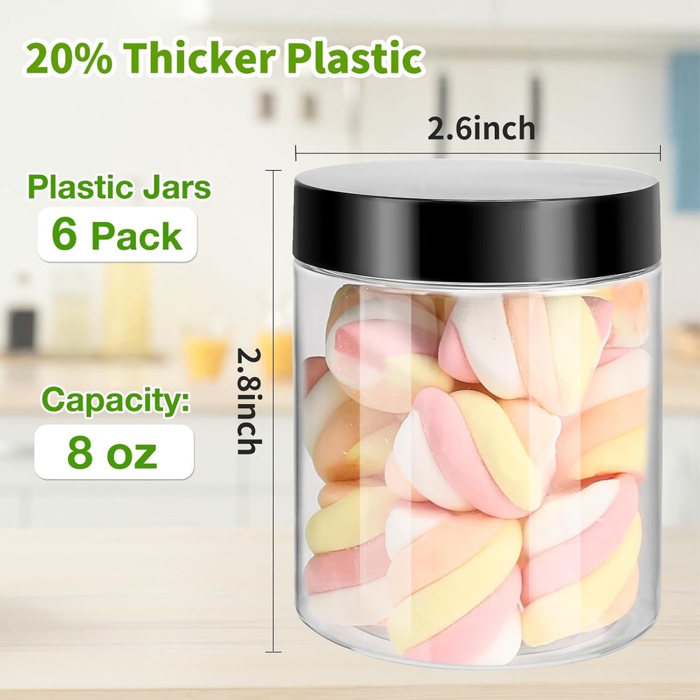 6 Pack Plastic Jars W/ Lids 8 oz Clear Storage Container Leakproof Plastic Mason