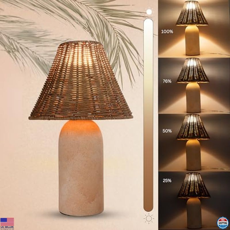14" Mini Wicker Table Lamp - Ceramic Base, Rattan Shade, Dimmable Boho Light