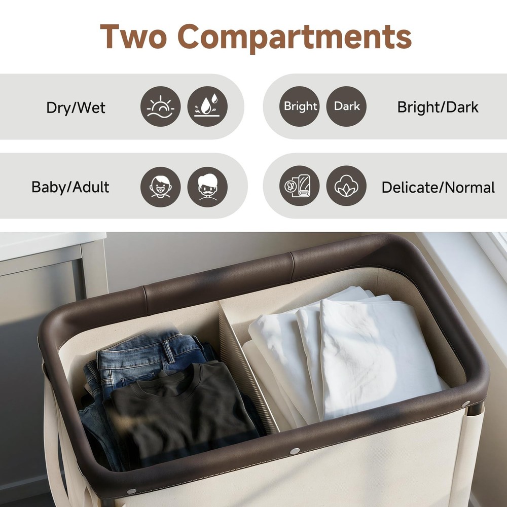 StorageWorks 2 Section Laundry Hamper, Rolling Laundry Cart with Wheels and H...