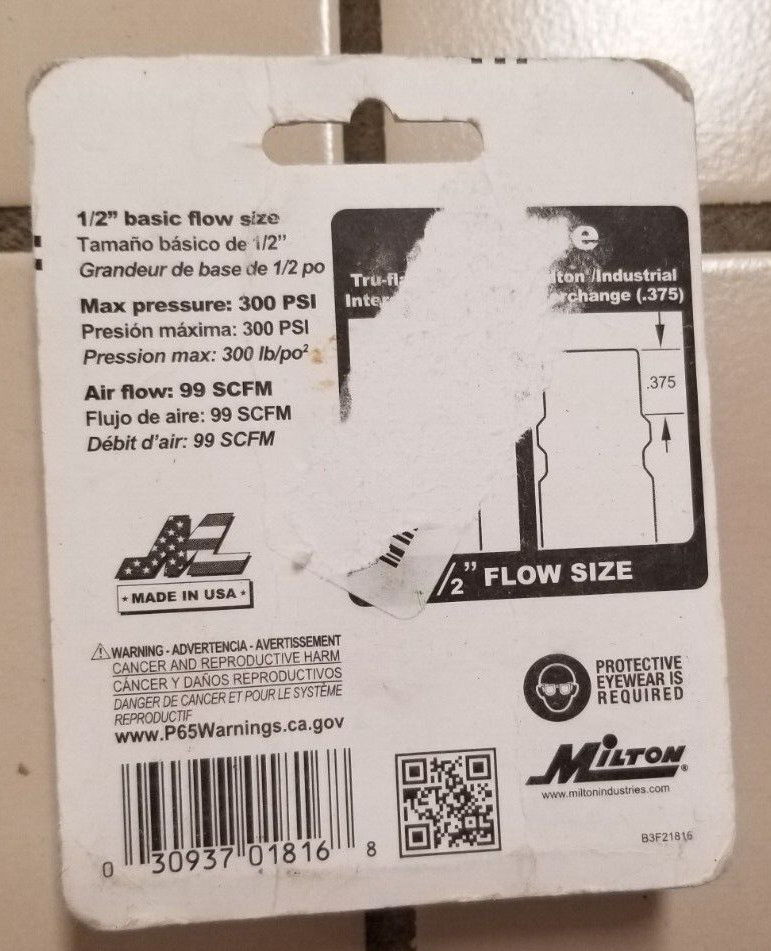 4 Pack Milton Male Coupler S-1816, 1/2'' MNPT