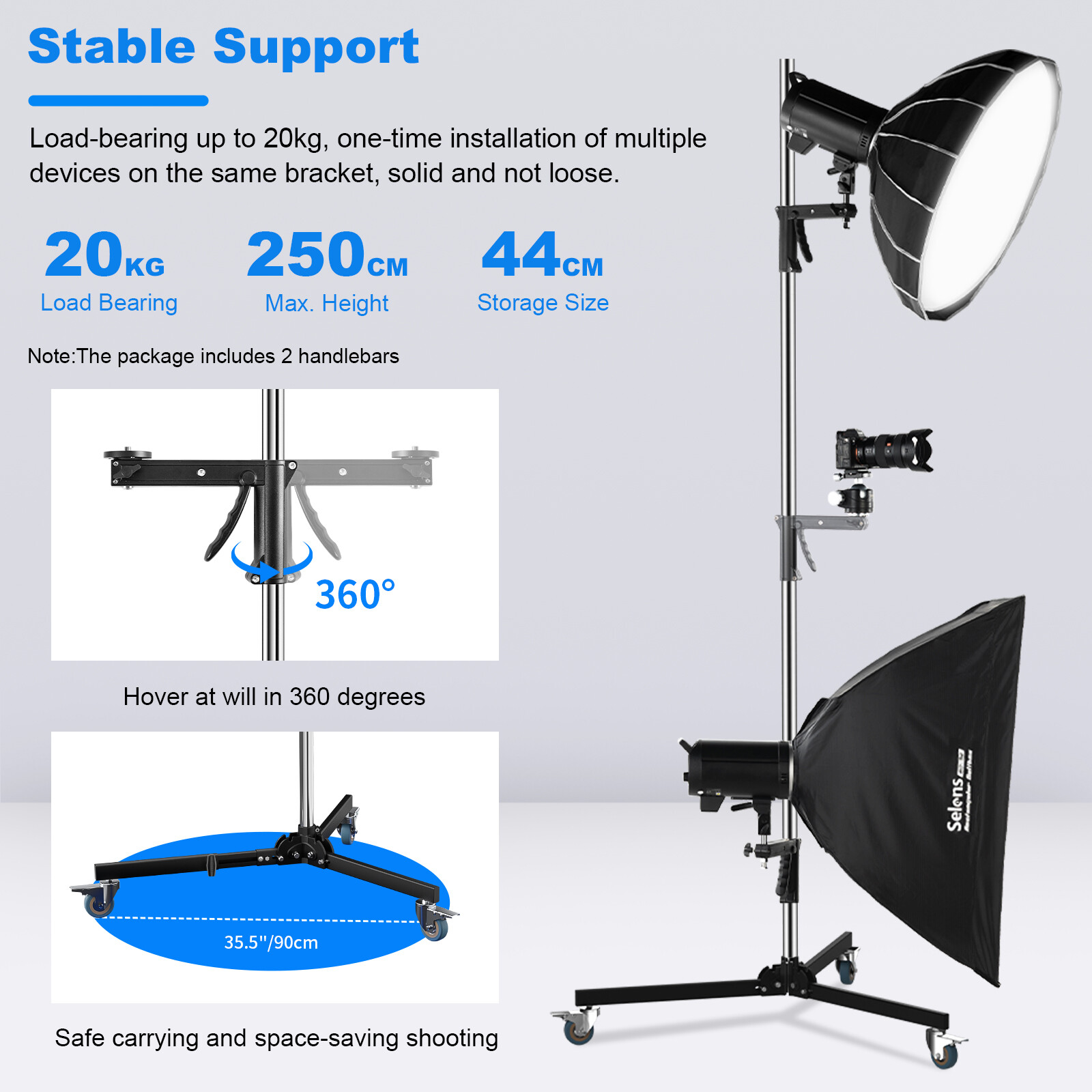 Selens 8ft Wheeled Heavy Duty Light Stand Tripod Studio Photography Pistol Grip