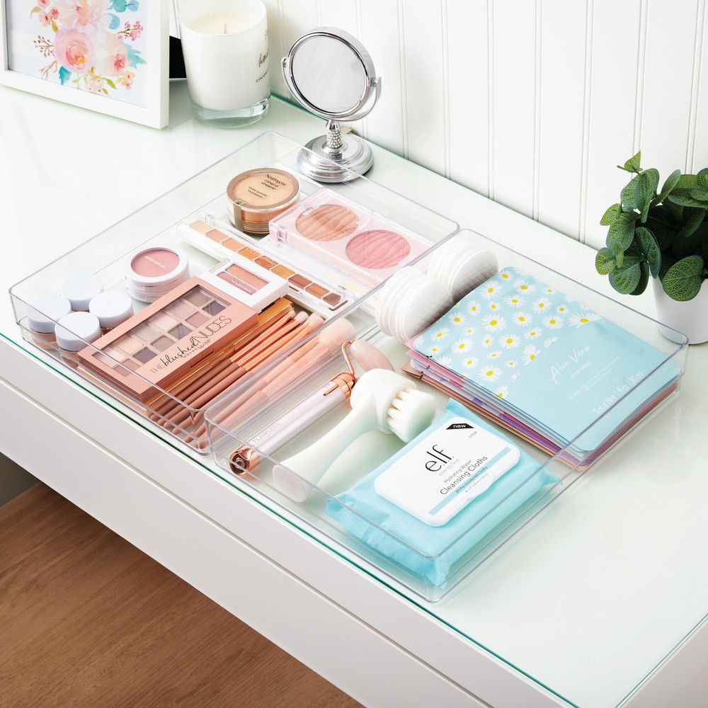 SimpleSort 2-Piece Stackable Clear Drawer Organizer Set | 12" x 9" x 2" Recta...