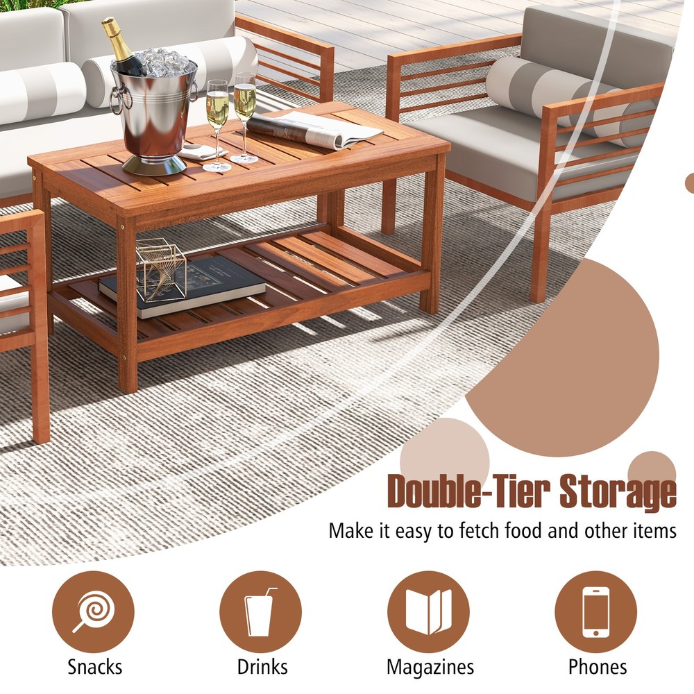 Patio Coffee Table 2-Tier Outdoor Side Rectangle Side Table Solid Wood Porch