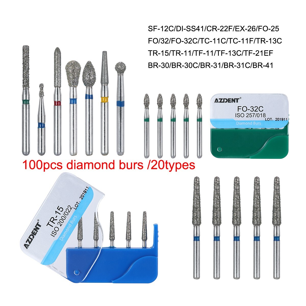 100Pcs AZDENT Dental Diamond Burs Kit for High Speed Handpiece Medium FG 1.6MM