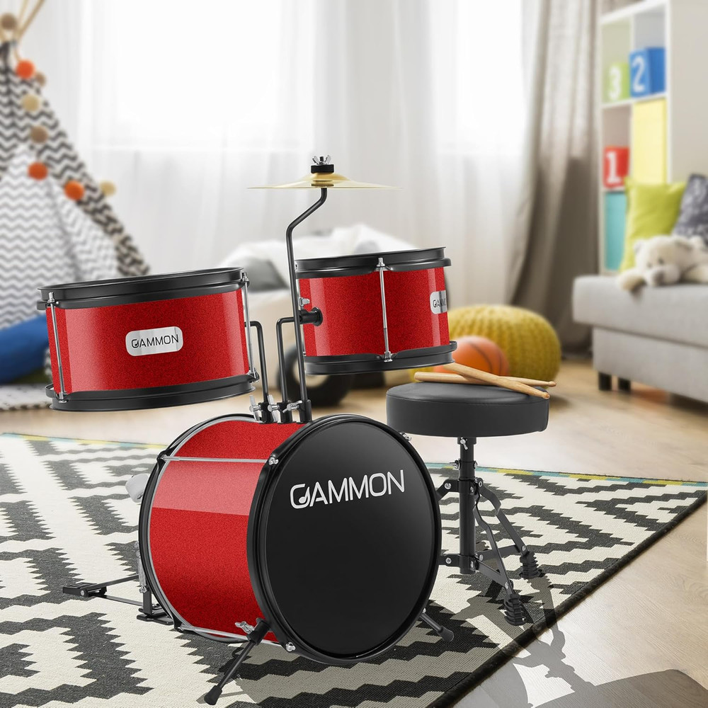 Gammon 3-Piece Junior Drum Set with Throne - Red, Complete Beginner Kit with Bas