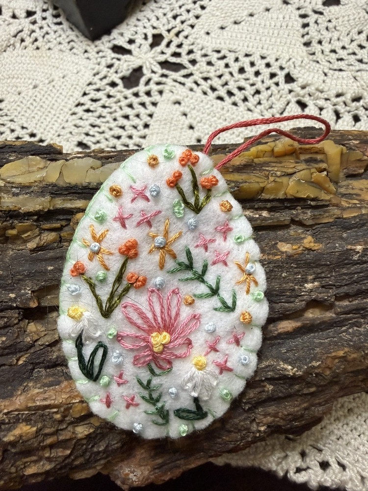 Handmade Embroidered Flowers Easter Egg Ornament Felt