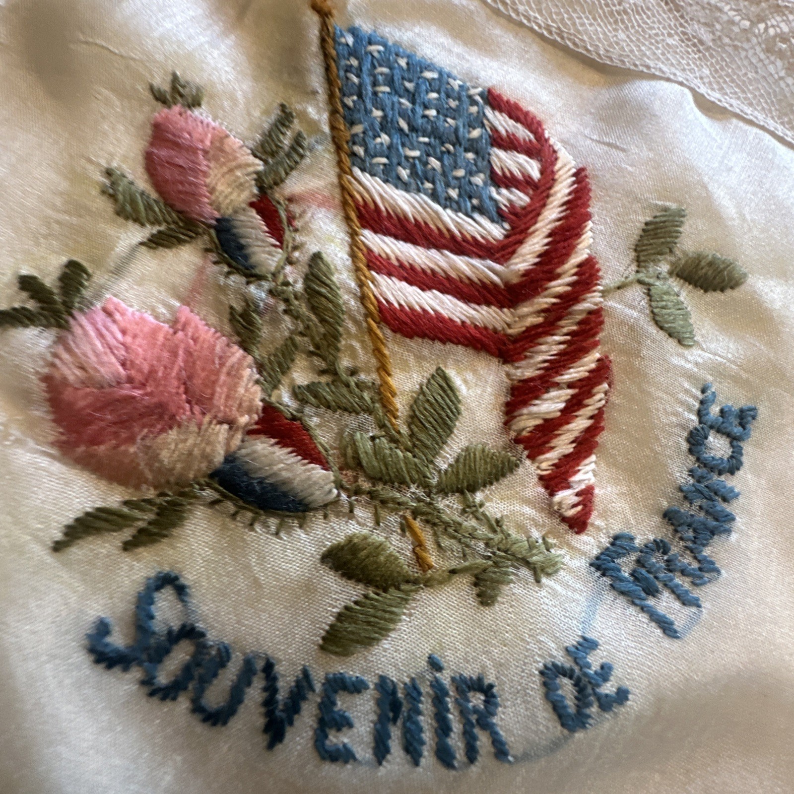 WWI Souvenir De France Embroidered Silk Handkerchief Lot of 2 1914-1919 As