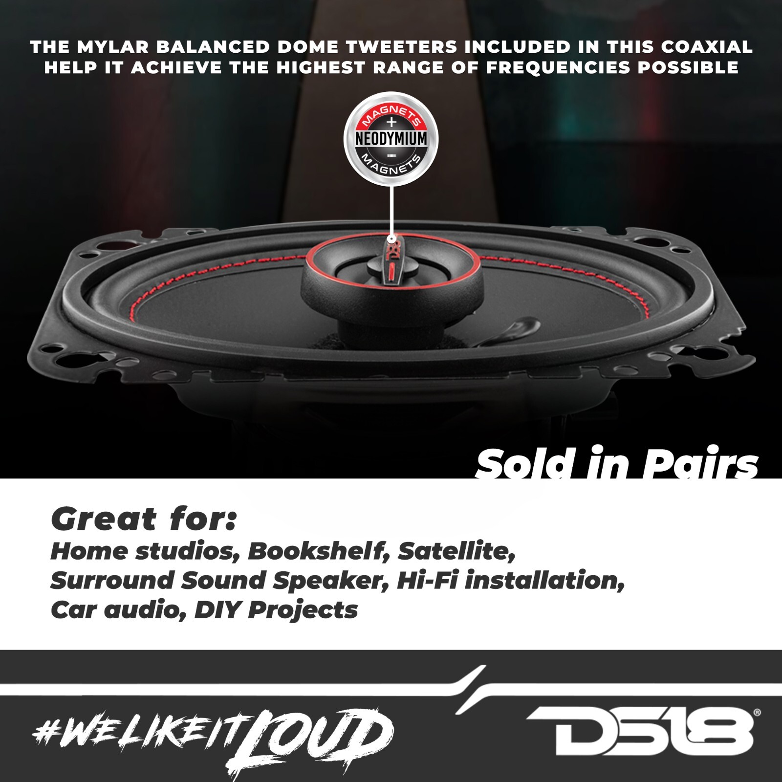 DS18 G4.6Xi 4x6 Car Speakers 2-Way Coaxial Speakers 135 Watts 4-Ohm - Pair