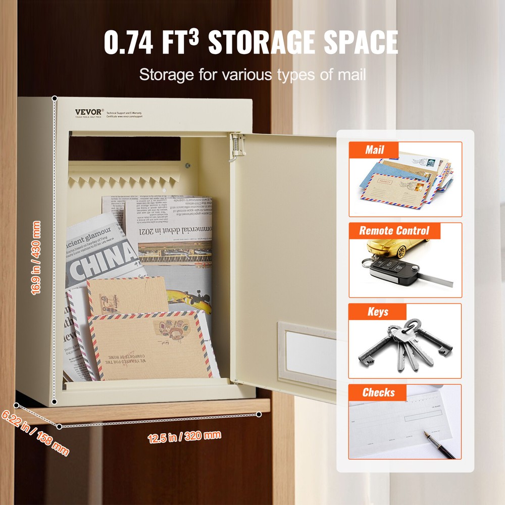 VEVOR Through The Wall Drop Box 12.5x6.3x16.9" Mailbox with Code Lock Beige