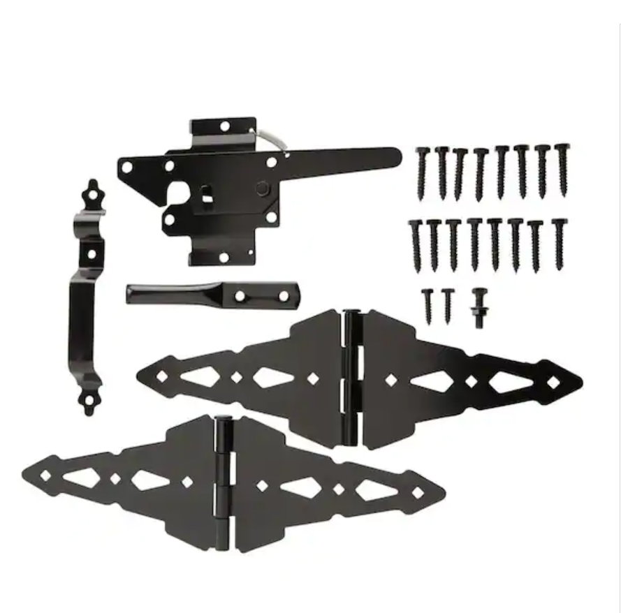 Everbilt Black Post Latch Gate Kit Decorative Hinges w/ Mounting Hardware 18101