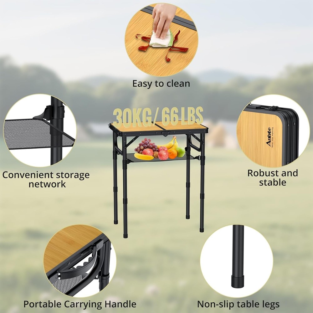 2ft Camping Table Foldable W/ Storage Net 3 Adjustable Heights Aluminum Small