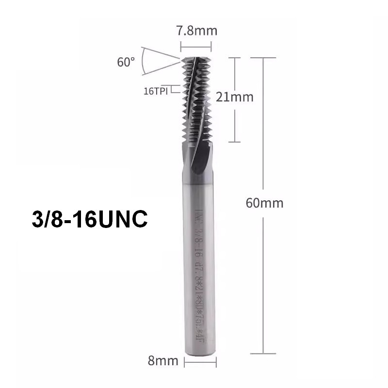 3/8-16 UNC Solid carbide thread mill - 2xD Full Profile - TiAlN Coated Qty:1pc