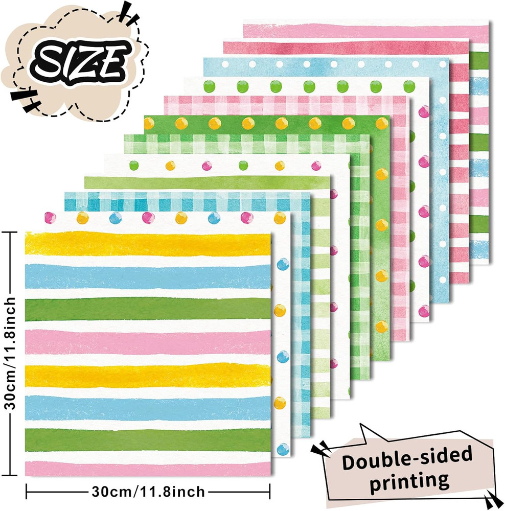 24 Sheets Easter Watercolor Pattern Paper Candy Color Polka Dot Stripe Double S