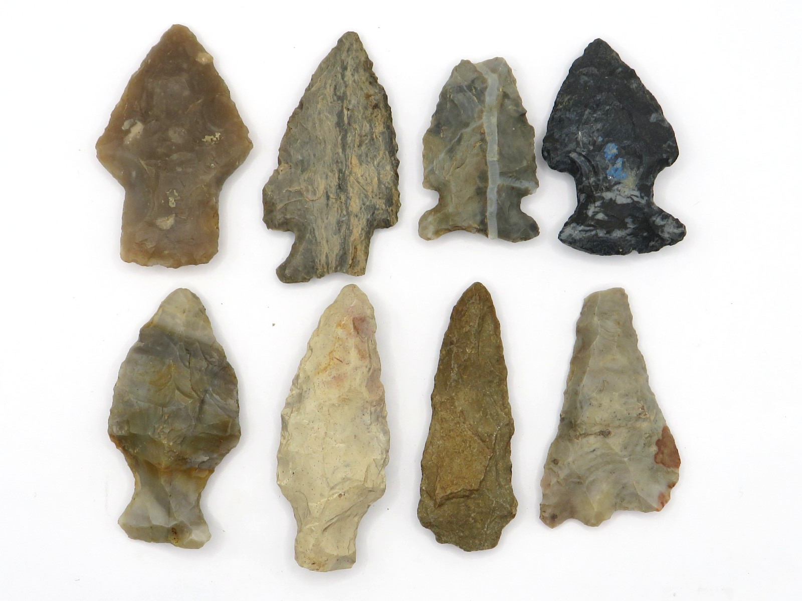8pc LOT of NOTCHED INDIAN ARROWHEAD - AUTHENTIC w GREAT COLORS**