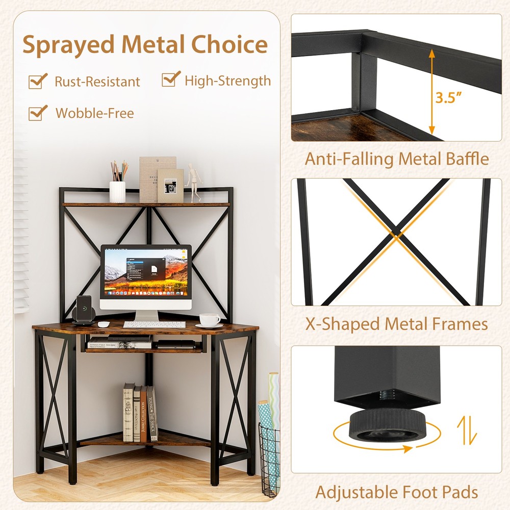 Corner Desk Space-Saving Computer Desk w/ Shelves & Keyboard Tray Rustic Brown