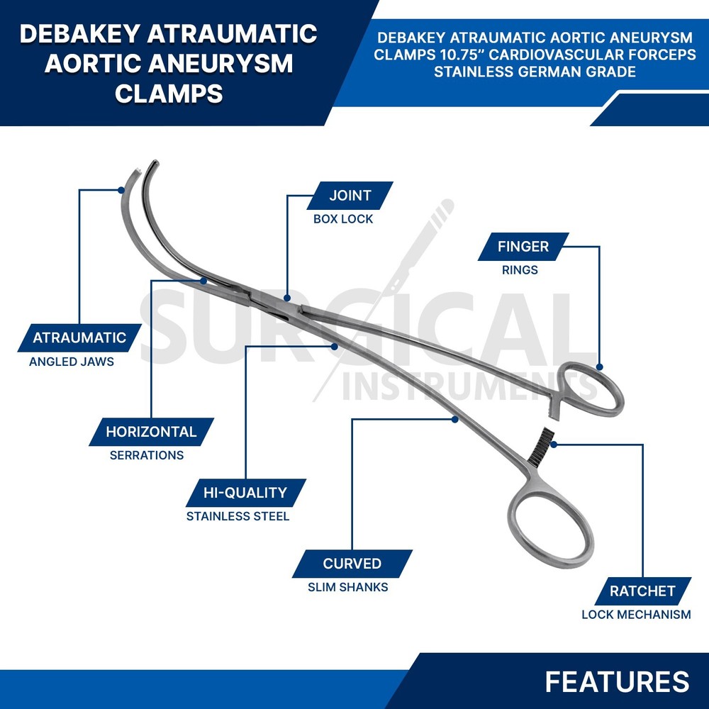 Debakey Atraumatic Aortic Aneurysm Clamp 10.75'' Vascular Instruments German Gr