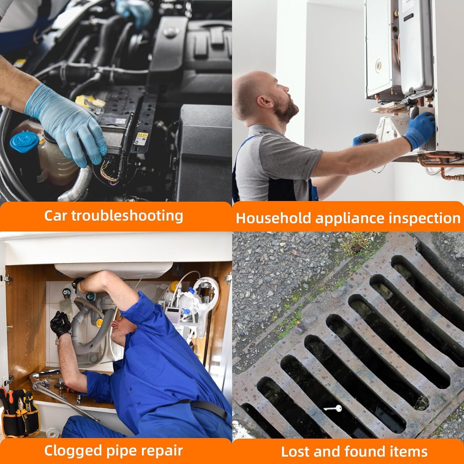 Industrial Borescope Camera - 8 Adjustable LEDs, Semi-Rigid Cable for Mechanics