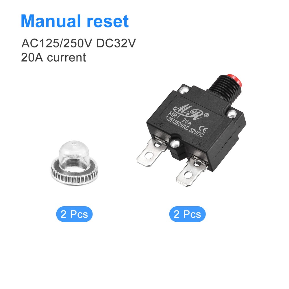 2 x Circuit Overload Protector 20A AC125/250V DC32V Push Button Thermal with Cap