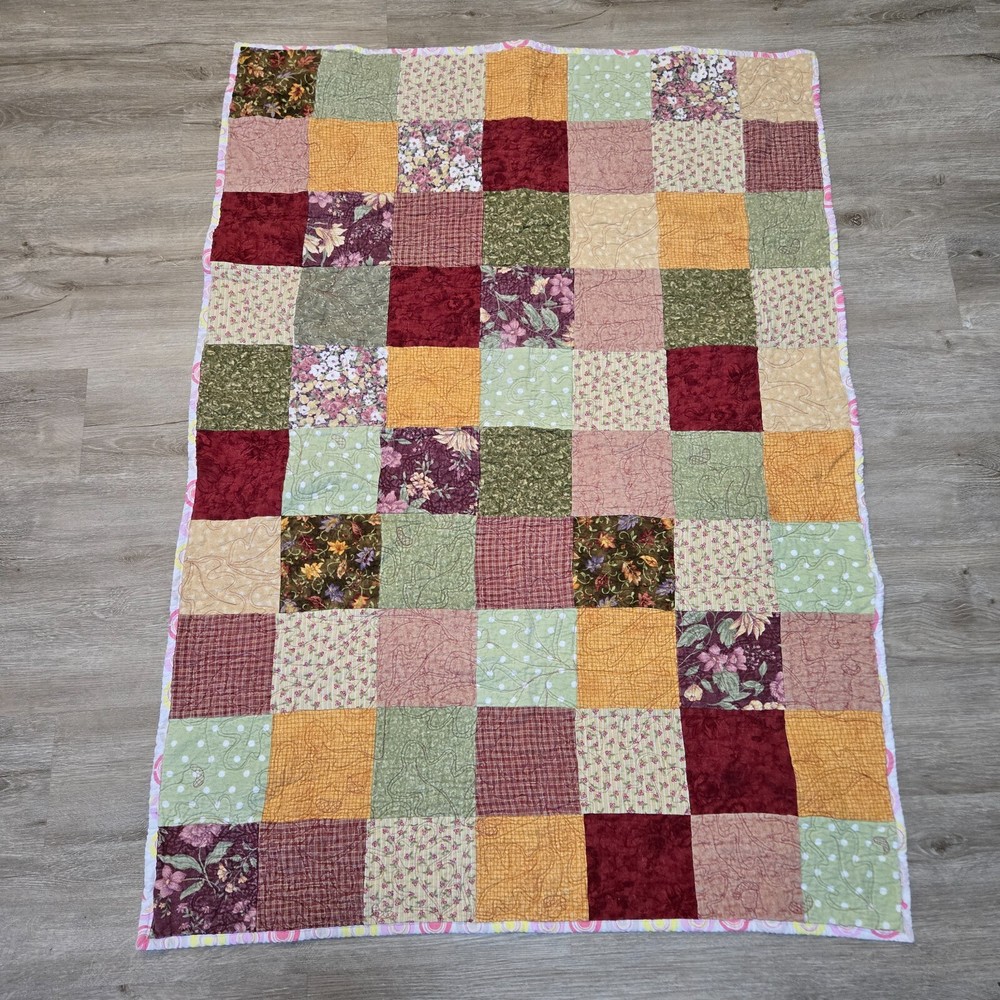 Handmade Patchwork Lap Quilt Homemade 50"x35" Multicolor Fall Colors Music Notes