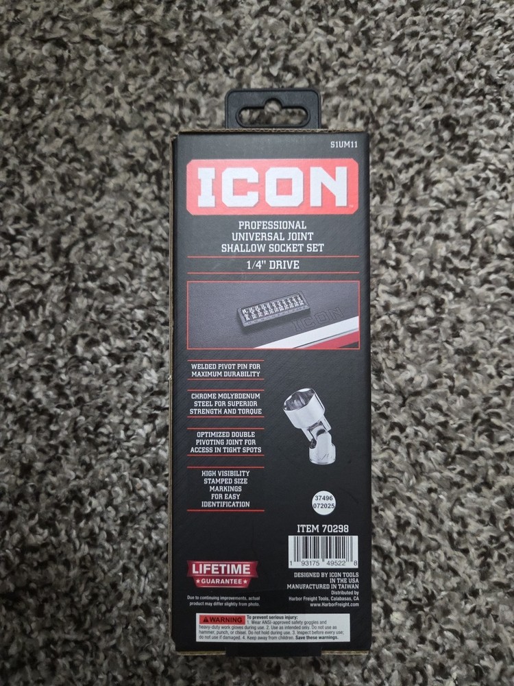 ICON S1UM11 PROFESSIONAL UNIVERSAL JOINT SHALLOW SOCKET SET 1/4" 11PC