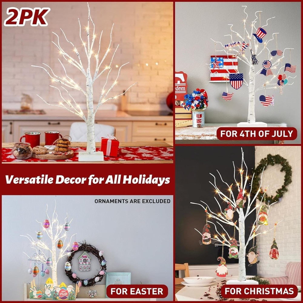 Easter Decorations, 2FT Birch Tree with LED Lights, Warm White Light up Tree ...