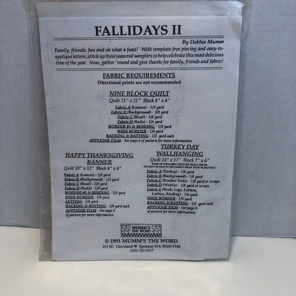 Fallidays 2 Quilt Pattern Mumm's the Word Thanksgiving