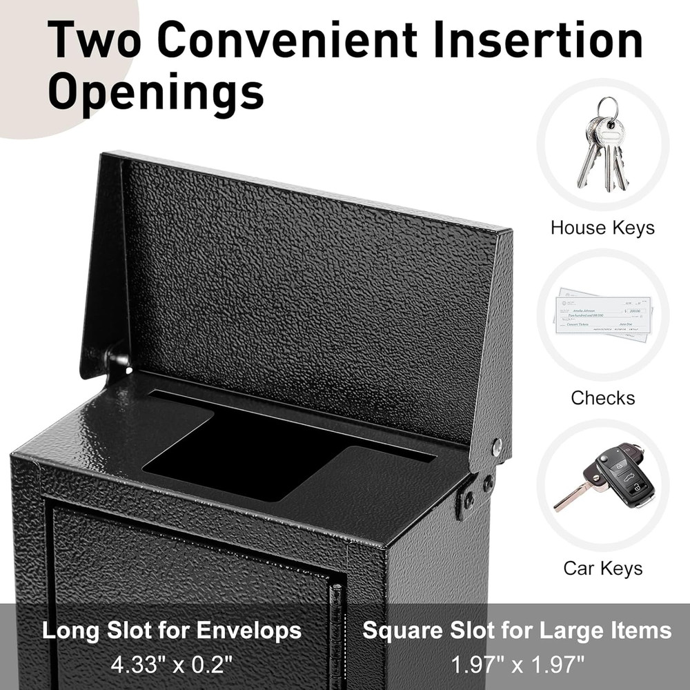 Wall Mounted Key Drop Box Locking Metal Mailbox Secure Storage Black