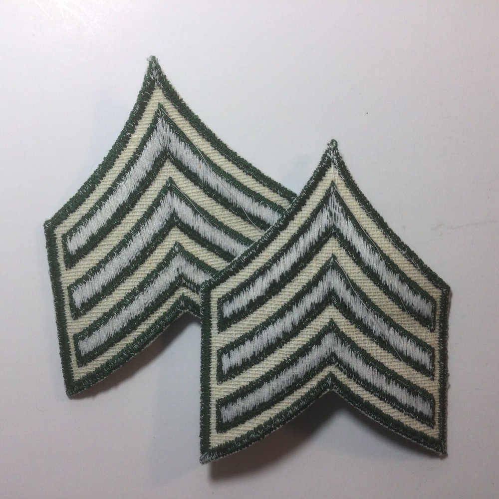 (2) Sergeant Chevron - 3 FOREST GREEN Stripes on White Twill Patch -Green Border