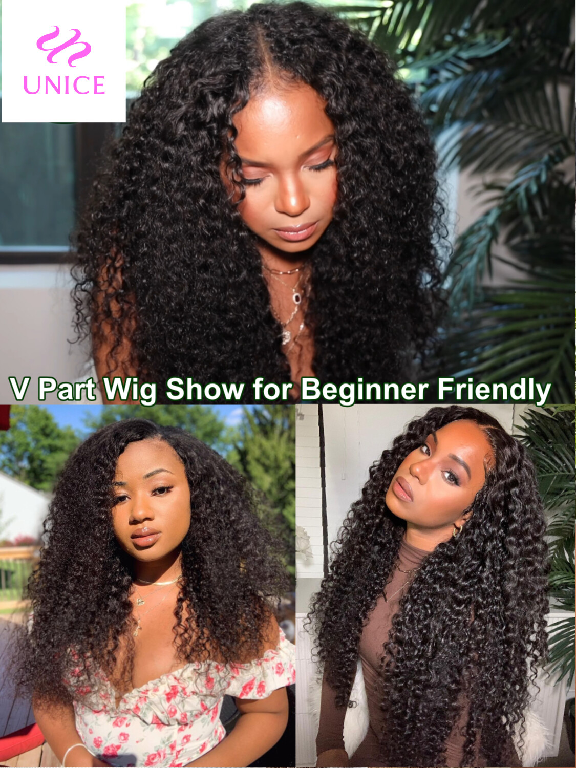 UNice Brazilian Curly V Part Human Hair Wig with Drawstring Glueless Wear Go Wig