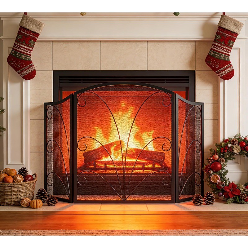 Arched Fireplace Screen Decorative, Handcrafted Scroll Wrought Iron Fireplace