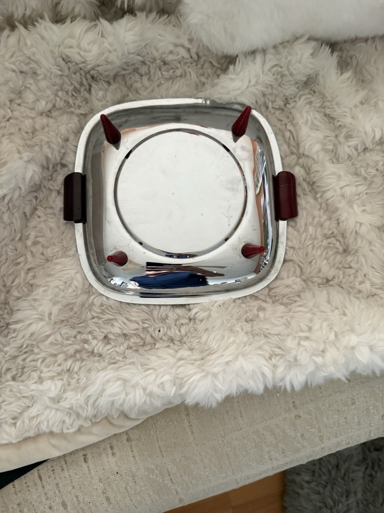 Red Bakelite Handled And Footed Chrome Dish