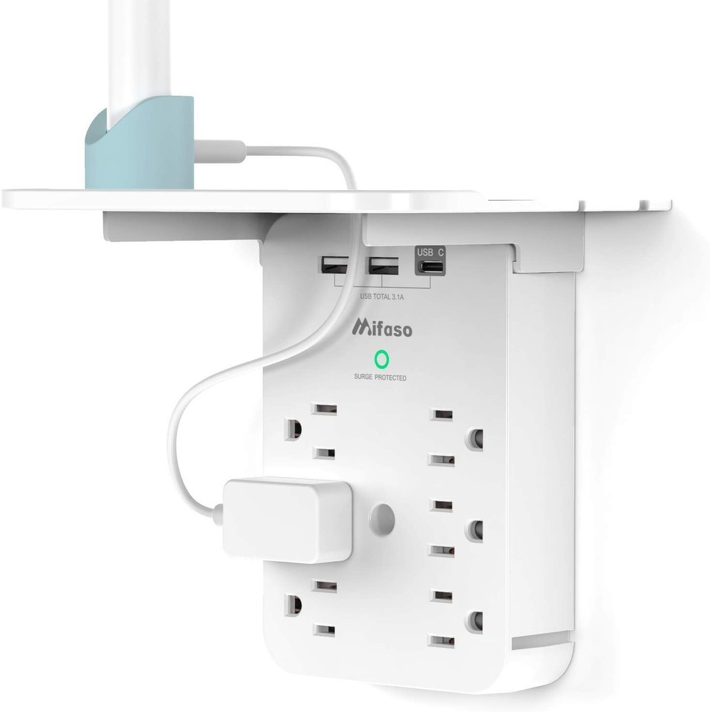 Wall Outlet Extender with Surge Protector, 6 AC Outlets, Shelf, 2 USB & USB C...