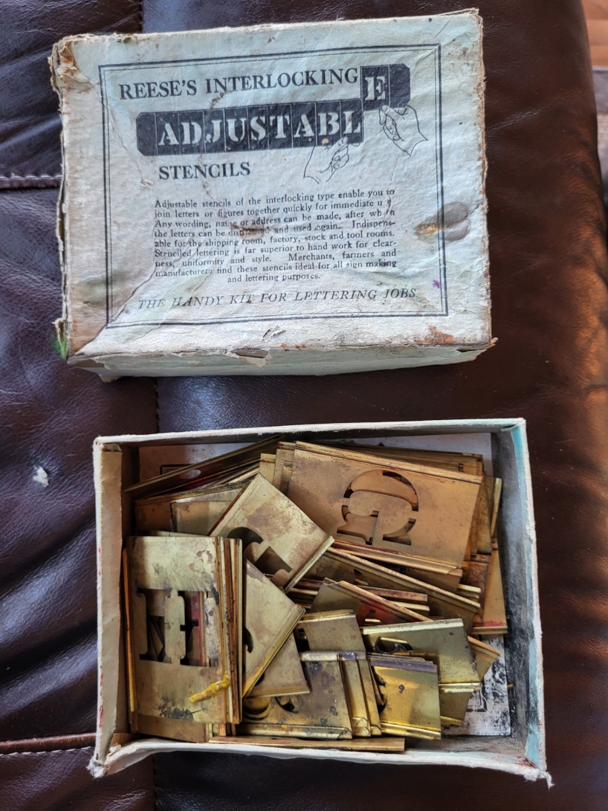 Box Full Of Vintage Reese's Interlocking Adjustable Brass Stencils