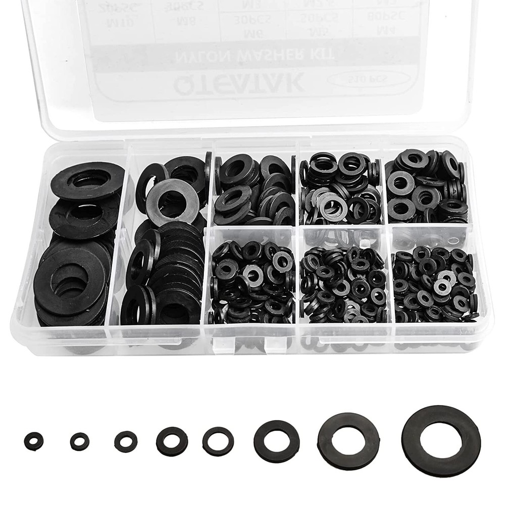 510 Pcs Black Nylon Flat Washer Kit - Assorted Sizes for Electrical Connections