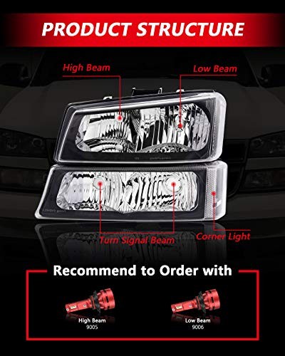Silverado Headlight, Replacement for 2003-2006 Silverado 1500/2500 Black-Clear