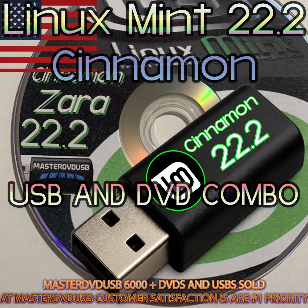 Linux Mint Cinnamon 22.2 “Zara” – USB + DVD Bootable Live/Installer – Fast Ship