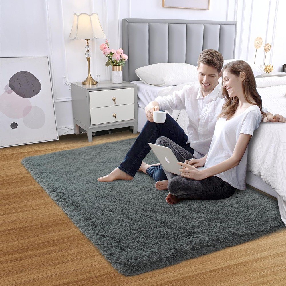 Fluffy Area Rug for Bedroom: Grey Plush Soft 3' x 5' (Rectangular),