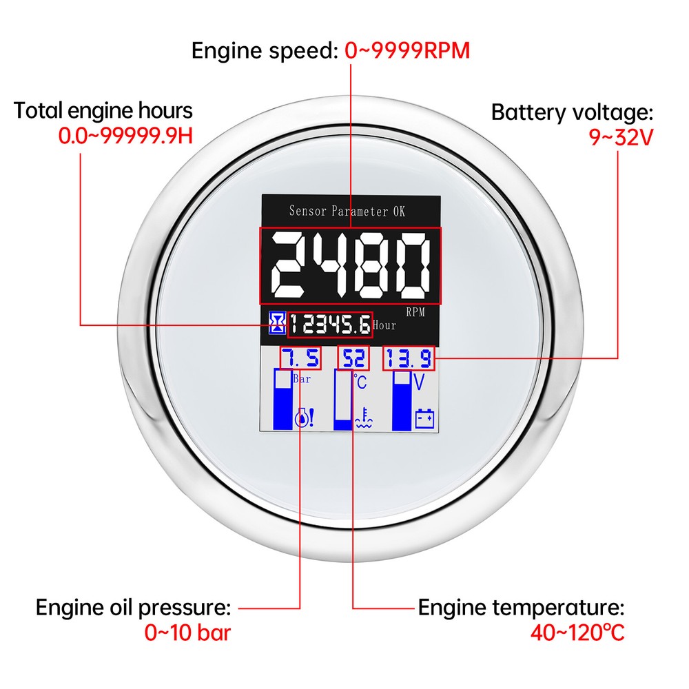 85MM NMEA 2000 Multi-function Gauge Tachometer Water Temp Oil Press Voltmeter