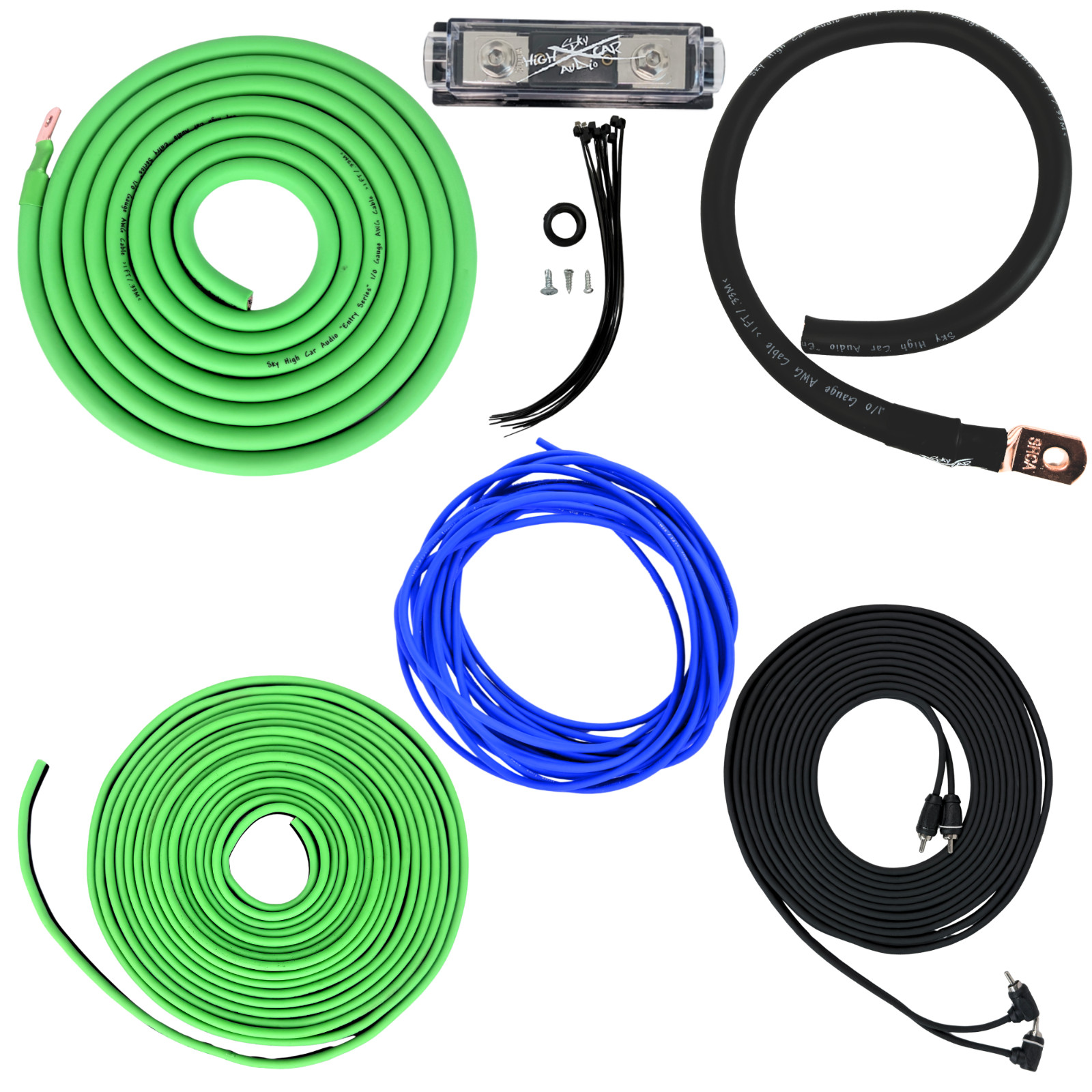 1/0 Gauge Green Amp Wiring Kit CCA Sky High Car Audio Amplifier Install Kit Sub