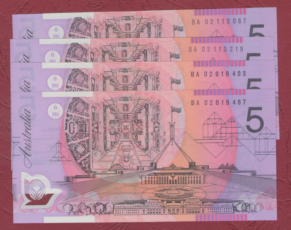 AUSTRALIAN BANKNOTE $5 Five Dollars 2002 FIRST PREFIX BA02 UNC