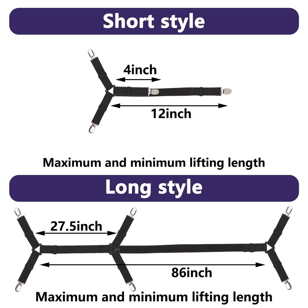 6 PCS Black Adjustable Bed Sheet Straps, Elastic Corner Clips, Fitted Fasteners