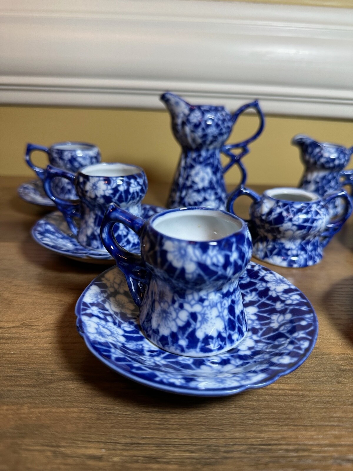 Victoria Ware Stoneware Small Tea Cups Saucers Sugar Creamer Cobalt Flue Floral