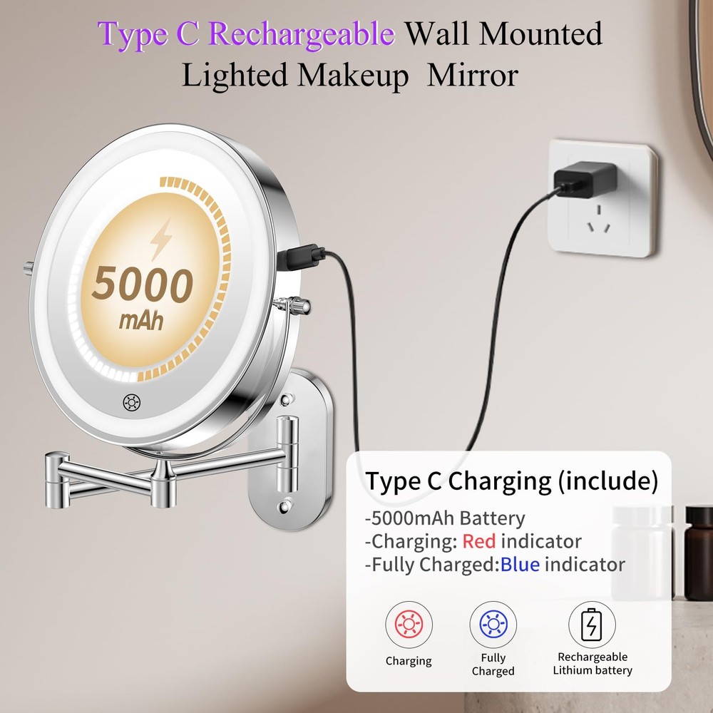 FUNTOUCH Rechargeable Wall Mounted Makeup Mirror with Lights,5000mAh Double Side